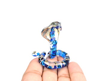 Handmade Blown Glass Cobra Figurine: Gold, Blue, & Clear Miniature