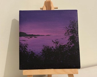 Hand painted dusk costal scene mini canvas