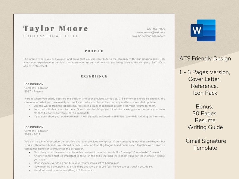 ATS Friendly Resume Template For Word Applicant Tracking Etsy