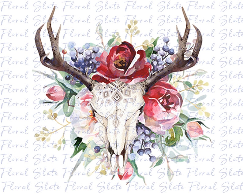 Boho Skull Cow Horns Watercolor Floral Sublimation Downloads Etsy Cow quotes sayings goofy embroidery cows designs windstarembroidery machine advertisement choose