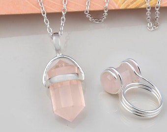 Rose Quartz Ring Pendant set, Silver Rose Quartz set, Stone Point Necklace set, Ring Necklace set, 925 Silver necklace set, Silver Set