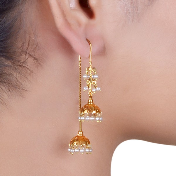 925 Silver gold Plating Threader double Jhumki Earrings, Silver Chain Threader with 2 Tiny Jhumki pearl hanging, Screw open hanging Earrings