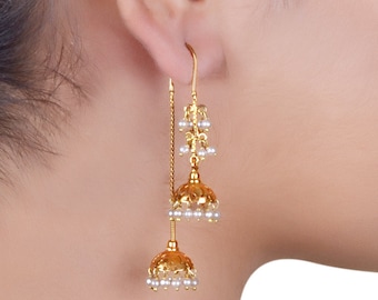 Gold Plated Silver Jhumki Earrings: Pearl Indian Wedding Jewelry