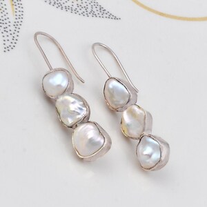 Sterling Silver Natural Fresh Water Pearl Raw stone Boho earring, Handcrafted dangle earrings with white Biva Pearl silver oxidized drops