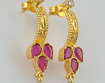 925 Silver Gold Plated Red Hydro Stone Indian Earrings
