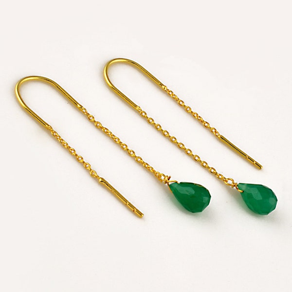 Green Onyx Threader Earrings, Dainty Gemstone Chain Earrings, Long Dangle Earrings, Threader Earring, Silver Threader earring, Gold Threader