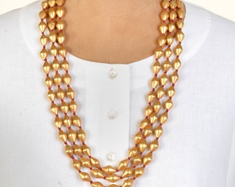 Handmade Gold Plated Dholki Necklace: Three-Strand Indian Jewelry