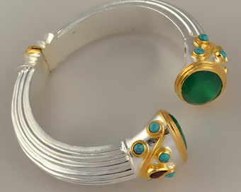 Green Onyx 925 Silver Cuff Bracelet - Indian Design