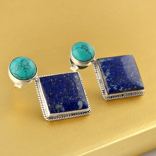 Beautiful Handmade Vintage Look Lapis Lazuli & Turquoise Earring, 925 Silver Drop Earrings, Turquoise Earring, Lapis Turquoise Earring