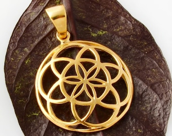925 Silver Gold Plated Seed of Life Pendant: Mandala Geometry Necklace