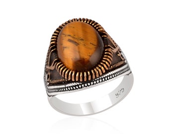 Tiger Eye Gemstone Sterling Silver Men's Ring Turkish Vintage