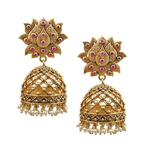 Gold Plated Silver Lotus Jhumka Earrings: Pink Kundan Indian Bridal Jewelry