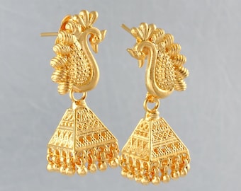 925 Silver Gold Plated Jhumka Earrings: Antique Peacock Triangle Design