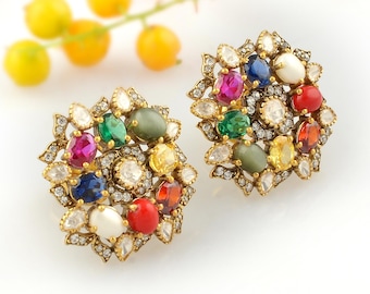 Navratan Gemstone Studs, 925 Silver Earrings, 22kt Gold Finish, Navratan Earring, multi color Stud