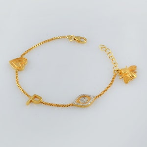 Gold Plated 925 Silver Charm Bracelet: Bee, Heart, Initial