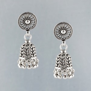 Oxidized Sterling Silver Jhumka Earrings: Tribal Indian Bell Drop