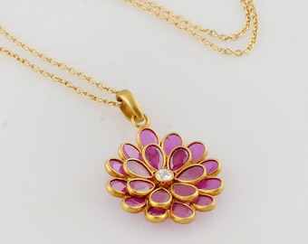 925 Silver Gold Plated Red Polki Lotus Pendant Necklace
