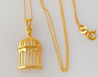 925 Silver Gold Plated Birdcage Pendant Necklace - Minimalist Charm