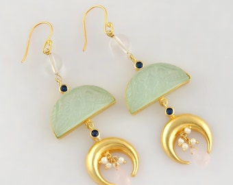 925 Silver Chandbali Earrings: Chalcedony Rose Quartz, Long Dangle