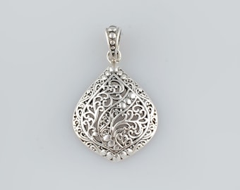 Silver Filigree Pear Locket Pendant, Layering Pendant, Long Boho Pendant, Leaf Pendant Necklace, Long Pendant Floral Locket, Silver Locket