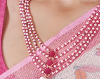 Multi-Layered Ruby and Pearl Necklace: Handmade Gemstone Jewelry, Elegant Four Layer Bead Necklace