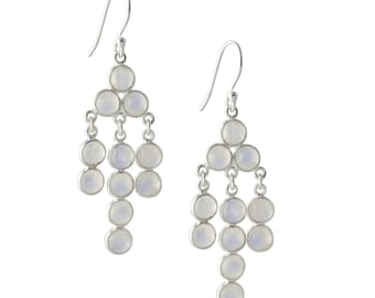 Rainbow Moonstone Dangle Earrings: Gold Plated 925 Sterling Silver