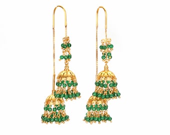 Gold Plated Silver Threader Jhumka Earrings: Green Onyx Indian Jewelry
