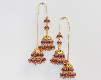 Gold Plated Silver Jhumka Earrings: Garnet Indian Wedding Jewelry