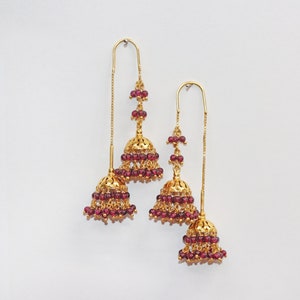 925 Silver gold Plating Threader double Jhumka Earrings, Silver Chain Threader with Tiny Jhumki Garnet hanging, Screw open hanging Earrings