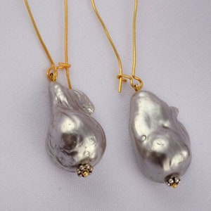 Large baroque pearl earrings,big flameball pearl earrings,yellow gold plated 925 silver Grey pearl earrings,drop fireball pearl earring