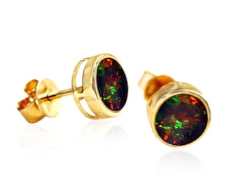 925 Silver Black Opal Stud Earrings: Rainbow Fire Opal, 7mm