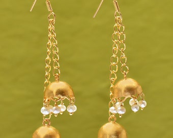 Gold Earring With Hair Chain, Traditional Rajasthani Ghungroo Jhumka With Supporting Ear Chain Or Kaan Sahara .uk Gold Earring With Hair Chain, Traditional Rajasthani Ghungroo Jhumka With Supporting Ear Chain Or Kaan Sahara .uk