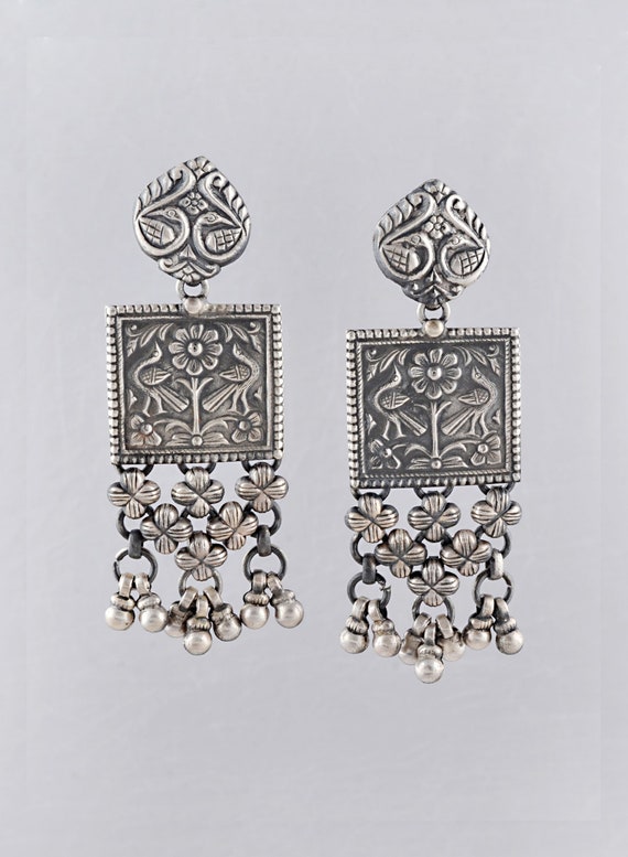 Paire De Boucles D'Oreilles Pendantes Anciennes En Argent Massif 925 - Style Ethnique, Fabrication Française