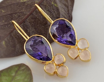 Handmade 925 Silver Amethyst & Rose Quartz Earrings