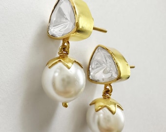 925 Silver Kundan Polki Earrings: Pearl Indian Wedding Jewelry