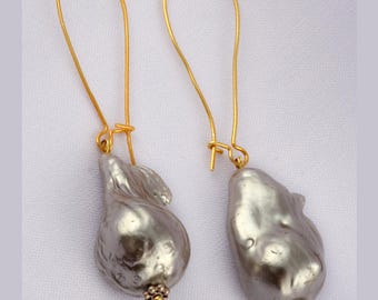Large Grey Baroque Pearl Earrings: 925 Silver Gold Plated