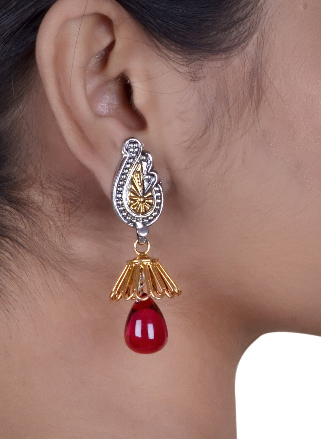Two Tone Silver Earring Red Hydro Earrings Silver Jhumka Earrings Indian Earrings Wedding Earrings Two Tone Jhumka Red Stone Jhumka Etsy
