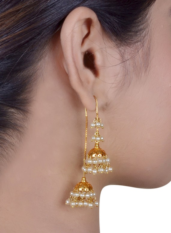 Gold Earring with Hair Chain Simple Indian Jewelry Traditional Rajasthani —  Discovered