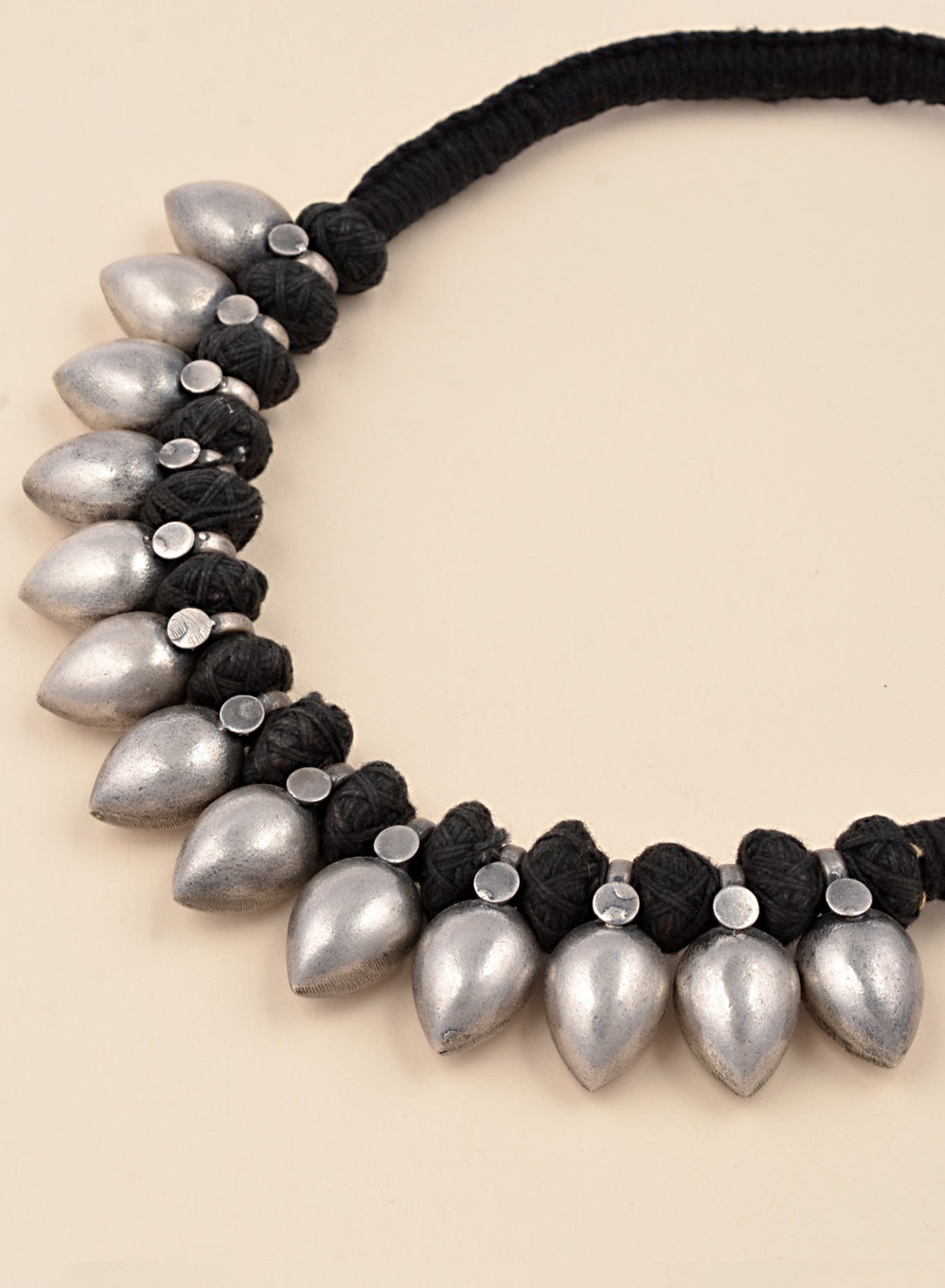 Silver Mango Necklace Mango Motif Black Cotton Ball Braided Etsy