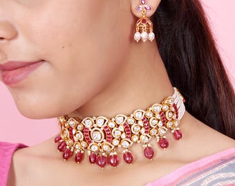 925 Silver Polki Choker Necklace Set: Maroon Bridal Jewelry