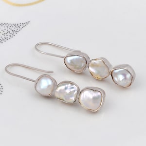 Natural Baroque White Biwa Freshwater Pearl 925 Silver Pendant Earrings Set