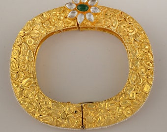 Gold Plated Silver Cuff Bangle: Green Onyx & Crystal Indian Bracelet