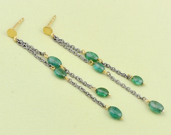 925 Silver chain drop earrings, Emerald drops, Emerald earrings, Emerald threader earrings, Natural Emerald Dangle Earrings, Silver Emerald