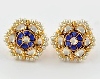 Handmade Kundan Flower Studs: 925 Silver Gold Plated Indian Earrings