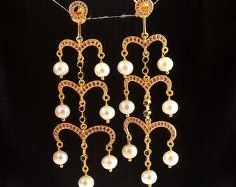 925 Silver Pearl Hanging Earrings: Pink Topaz Bridal Jewelry