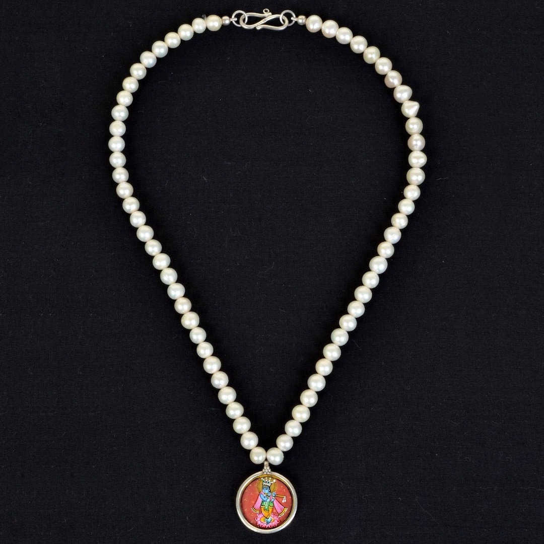 Real Pearl Beads Necklace Hand Painting Krishna Pendant Etsy