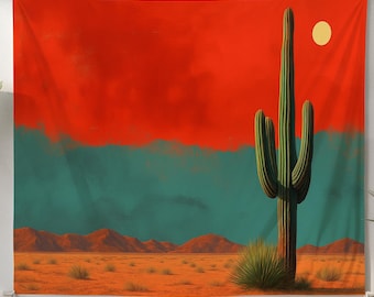 Tapiz de cactus del suroeste: arte de pared con atardecer en el desierto, decoración bohemia del oeste, paisaje de cielo rojo intenso para sala de estar, dormitorio o espacio de meditación.