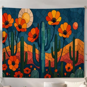 Tapiz de mosaico del suroeste: colorido tapiz de cactus y flores silvestres con montañas desérticas. Arte bohemio audaz para una decoración moderna.