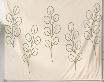 Minimalist Botanical Wall Tapestry – Line Art Leaf Pattern, Neutral Beige Background, Scandinavian Style Nature Decor for Living Room