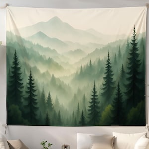 Foggy Forest Tapestry Wall Hanging | Misty Pine Mountain Landscape Decor, Minimal Nature Tapestry, Serene Woodland Gift For Him Her